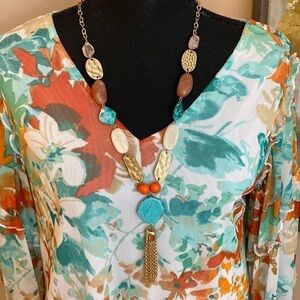 Beaded and Stoned Necklace with Chain Tassel Approximately 17” Long EUC